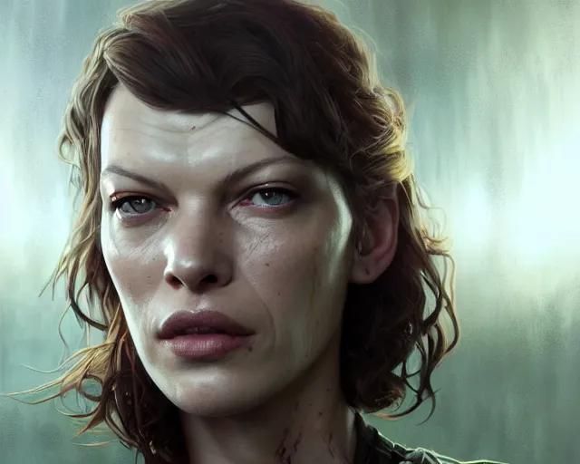 Image similar to highly detailed portrait of milla jovovich, in the walking dead, stephen bliss, unreal engine, fantasy art by greg rutkowski, loish, rhads, ferdinand knab, makoto shinkai and lois van baarle, ilya kuvshinov, rossdraws, tom bagshaw, global illumination, radiant light, detailed and intricate environment