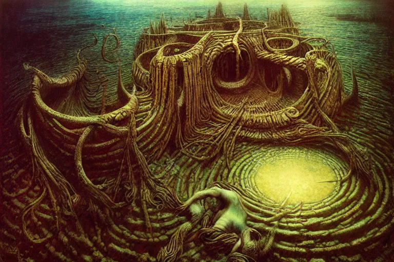 Image similar to underwater labyrinth by jean delville, luis royo, beksinski, grimshaw