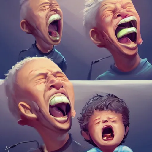 Image similar to Father yelling energetically with a big mouth at his little son who keeps his head down., exaggerated by Sebastian Krüger and Bruno Tesse trending on artstation, hyperdetailed, humor, perfect composition
