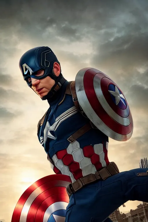 Image similar to chadwick booseman as the captain america, 8 k, hdr, great light, by greg rutkowski and annie leibowitz