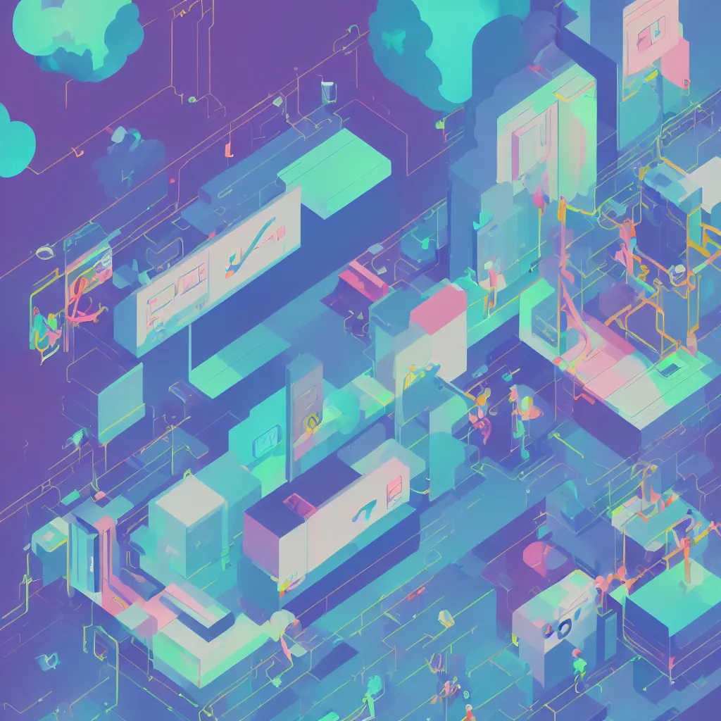 Image similar to a simple micro-service deployed to a datacenter, cloud, security, attack vector, trending on Artstation, painting by Jules Julien, Leslie David and Lisa Frank, muted colors with minimalism