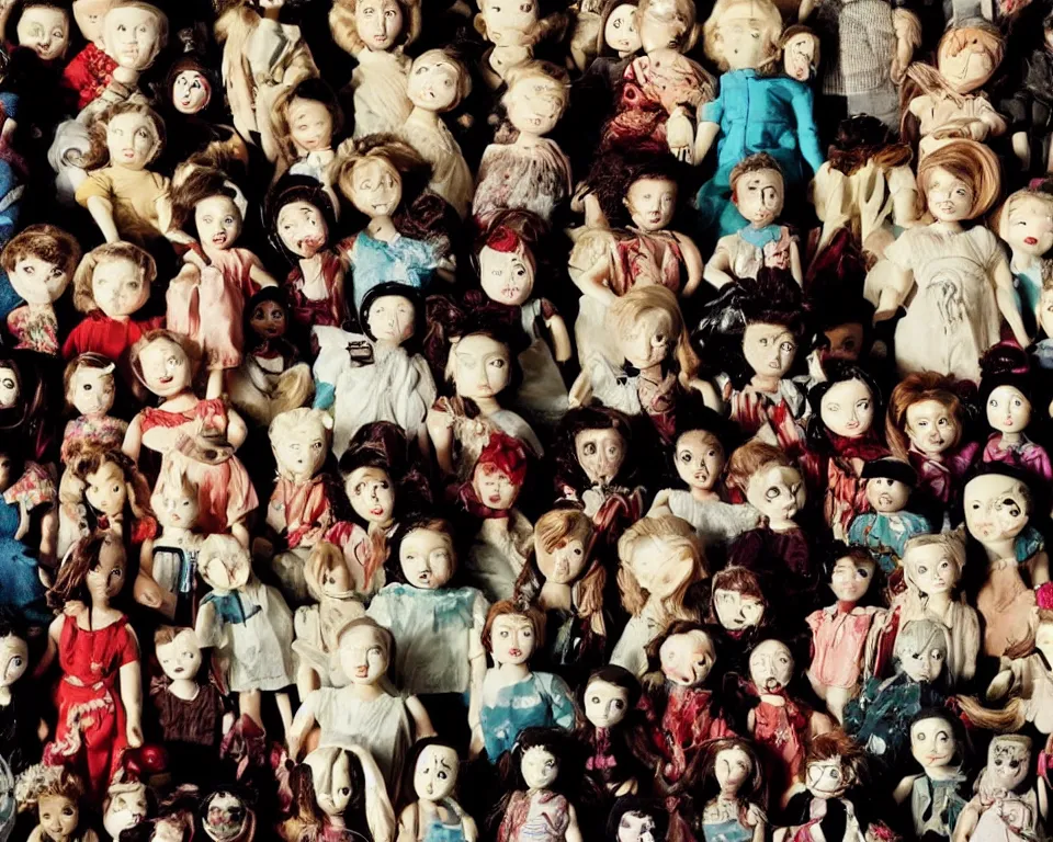 Prompt: a horror movie poster featuring a classroom full of ceramic dolls