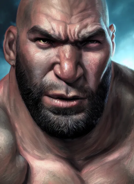 Image similar to A fantasy comic book style portrait painting of Dave Bautista as a half-orc, unreal 5, DAZ, hyperrealistic, octane render, RPG portrait, dynamic lighting