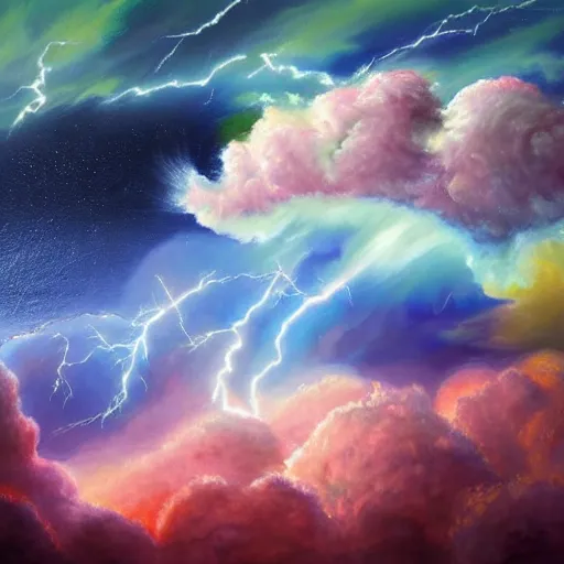 Prompt: A detailed and realistic painting of a huge colourful cloud in space, with lots of other clouds around, with incredibly huge lightning with 8k resolution, in the artistic style of fantasy art