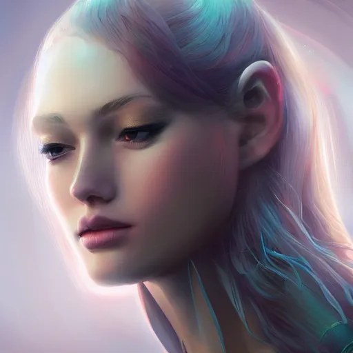 Prompt: beautiful futuristic young woman, diffuse lighting, fantasy, intricate, highly detailed, lifelike, photorealistic, digital painting, artstation, illustration, concept art, smooth, sharp focus