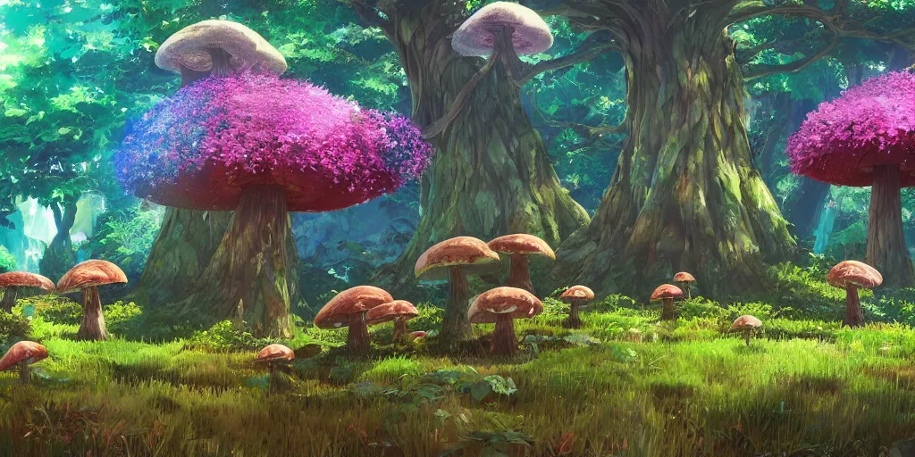 Prompt: epic mushroom trees, vivid tones, wide angle, by miyazaki, nausicaa, studio ghibli, tropical, breath of the wild