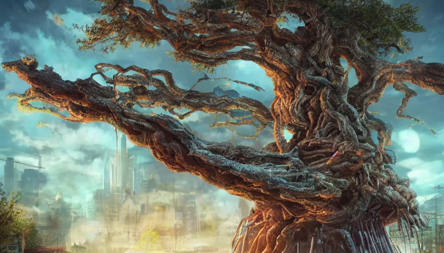 Image similar to ben lo illustration of colossal ash tree, bioshock concept art, solarpunk, colorful, unreal engine, hyper realism, realistic shading, cinematic composition, realistic render, octane render, detailed textures, photorealistic, wide shot