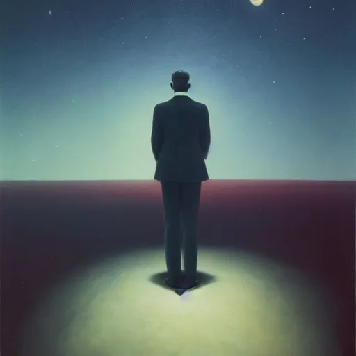 Prompt: a portrait of a man in a suit, his head is a skull, it is night and the sky is covered in stars, dramatic and cinematic lights, in the style of zdzislaw beksinski, in the style of edward hopper, 4 k,