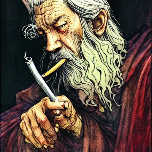 Prompt: a realistic and atmospheric watercolour fantasy character concept art portrait of gandalf with bloodshot eyes smoking a pipe looking at the camera by rebecca guay, michael kaluta, charles vess and jean moebius giraud