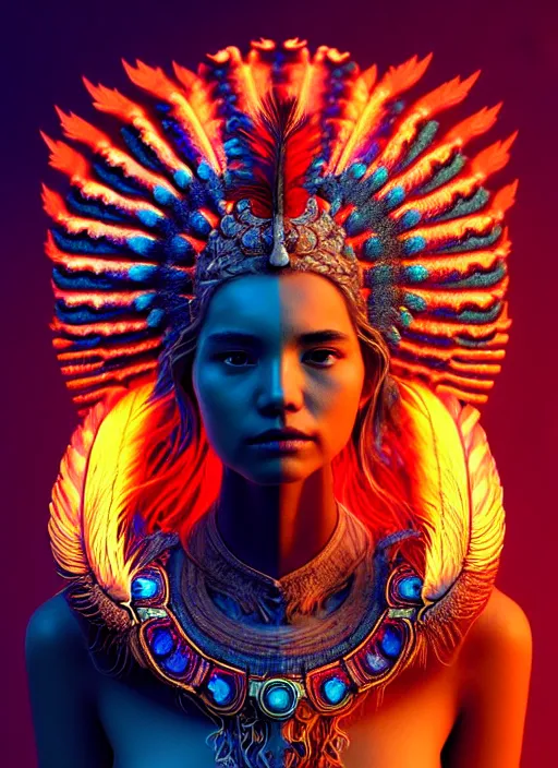 Image similar to a wlop 3 d portrait of a goddess, 8 k micro details beautiful intricate highly detailed quetzalcoatl skull and feathers. bioluminescent, fire, snow, thunderstorm! artwork by tooth wu and wlop and beeple and greg rutkowski, trending on artstation,