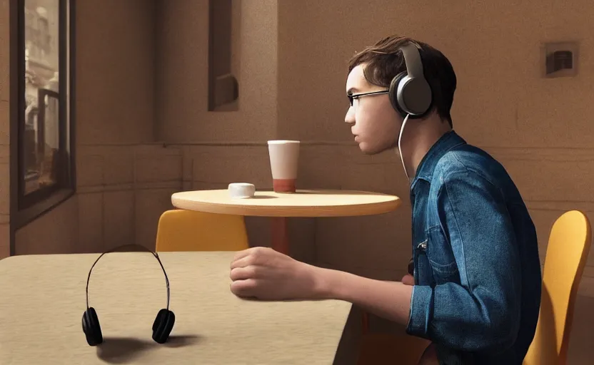 Image similar to a male teenager with headphones in a cafe sitting in front of a table with a coffee, digital painting, masterpiece, digital art, concept art, octane render, unreal engine 5, trending on deviantart, highly detailed, high quality, 4 k, cartoon, high coherence, realistic, anatomically correct, five fingers, relaxing, realistic and detailed face, beautiful, elegant