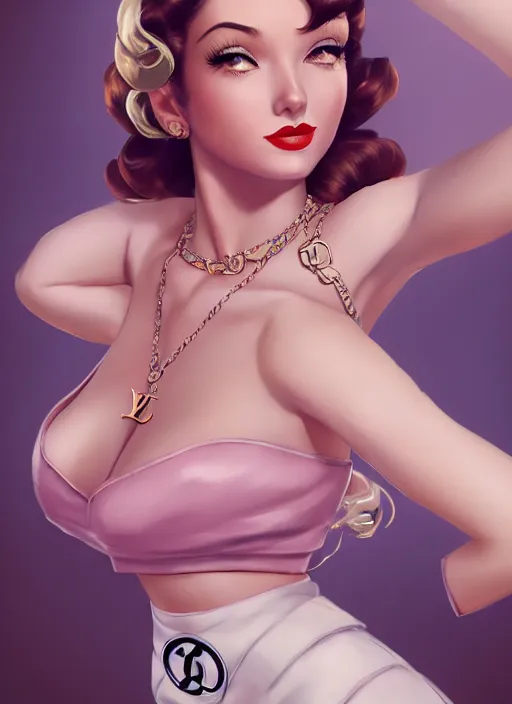 Image similar to a pin up and beautiful fashion dreamlke girl with lv jewelry, character art, art by artgerm, wlop, loish, hyperdetailed, 8 k realistic, symmetrical, global illumination, radiant light, frostbite 3 engine, cryengine, dof, trending on artstation, digital art, chanel, dior, detailed background