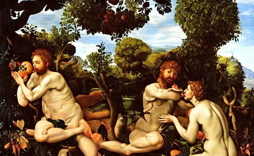 Image similar to adam and eve eating a big mac in the garden of eden by caravaggio, highly detailed, intricate details, oil painting, deep impasto