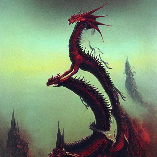 Image similar to fire dragon concept, epic, ancient, beksinski