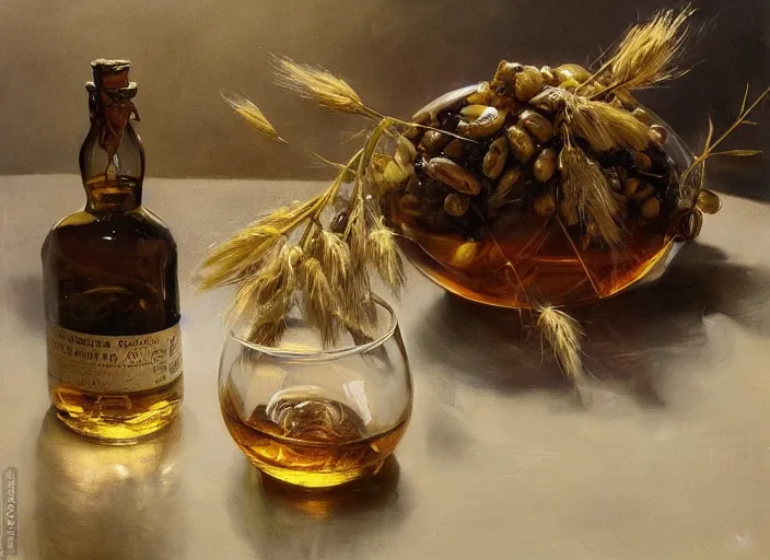 Prompt: oil painting of barley grains, plants and whiskey bottle, art by anders zorn, wonderful masterpiece by greg rutkowski, beautiful cinematic light, american romanticism by greg manchess, creation by tyler edlin