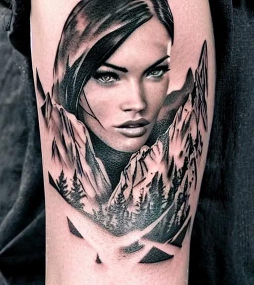 Image similar to double exposure effect tattoo design sketch of megan fox with beautiful mountain scenery, realism tattoo, in the style of matteo pasqualin, amazing detail, sharp