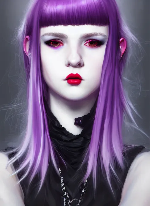 Image similar to portrait of white teenage girl, normal face, black bangs, mall goth, cyberlox, black and white hair, bangs, fluffy bangs, red contacts, purple lipstick, intricate, elegant, highly detailed, digital painting, artstation, concept art, sharp focus, smooth, illustration, art by wlop, mars ravelo and greg rutkowski