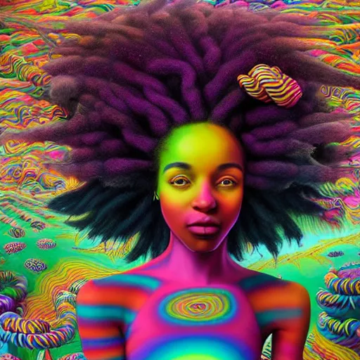 Prompt: a wide angle shot of a happy black girl with colorful dreadlocks in a field of candy, by Adi granov and afarin sajedi and amanda sage and evgeni gordiets and Agostino Arrivabene and adonna khare in a psychedelic portrait style, ultrarealistic matte painting, volumetric lighting, fractal, extremely symmetrical, highly detailed face, orisha, 8k, hd