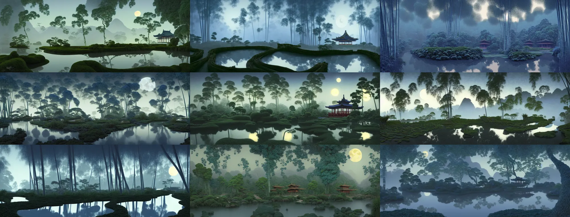 Prompt: a gorgeous landscape painting by barlowe wayne maxfield parrish and marco mazzoni. farmhouse under bamboo forest. chinese temple. drak blue night sky. just one winter moon!! wet winding steps. ultra clear detailed. 3 d, octane render. river. fog. 8 k