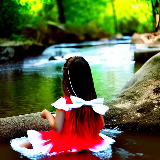 Prompt: vector digital art, 7 years old rina playing with the water, wearing white cloths, and a red bow in her hair, sitting by the side of a creek, 8 k, detailed, tele photo lens, rule of thirds