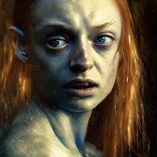 Image similar to portrait of Sophie Turner as Gollum in LOTR, Realistic painting by greg rutkowski, craig Mullins, Artgerm