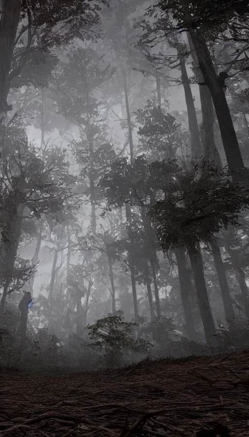 Image similar to a storm vortex made of many demonic eyes and teeth over a forest, with cryengine