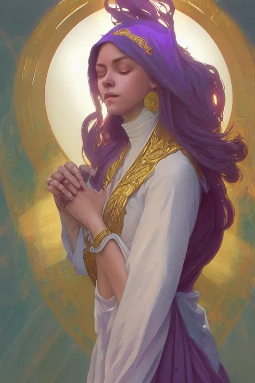 Image similar to cleansing myself with holy water and all the world's virtue and piety, golden light, purple water, highly detailed, digital painting, artstation, concept art, smooth, sharp focus, illustration, art by artgerm and greg rutkowski and alphonse mucha