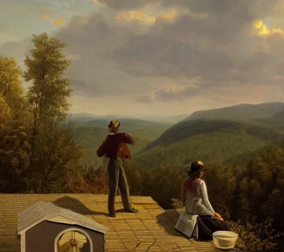 Prompt: landscape portrait of a couple sitting on a roof, looking over west virginia, smoking cigarettes, by william sidney mount, trending on artstation