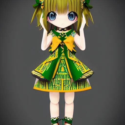 Image similar to cute fumo plush of a girl in a green and gold tribal patterned dress, stylized material bssrdf, cel shading, vray, anime girl