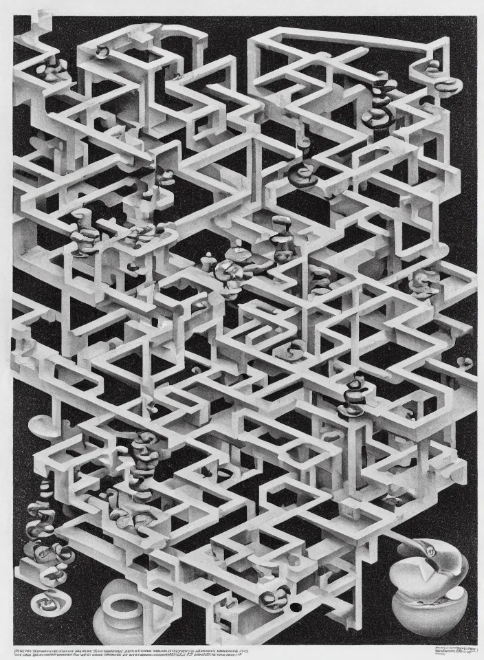 Prompt: the essence of the chemical element hydrogen, by m. c. escher