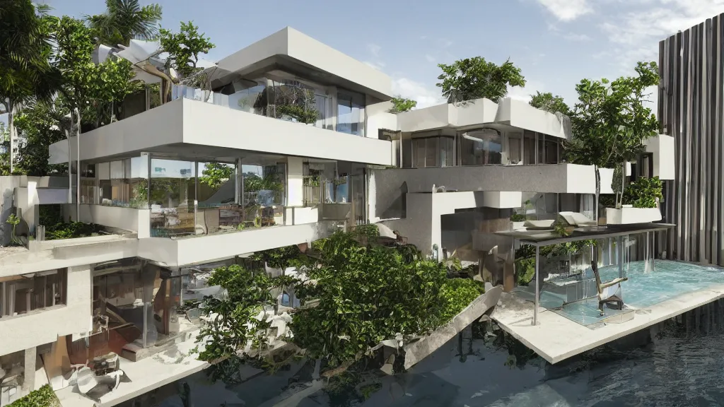 Prompt: overall architectural design, two storey glassy residential, small waterfall decoration from the right top corner of the residential, island, cinematic lighting, high details, realistic, manimalist ， view from below, daytime
