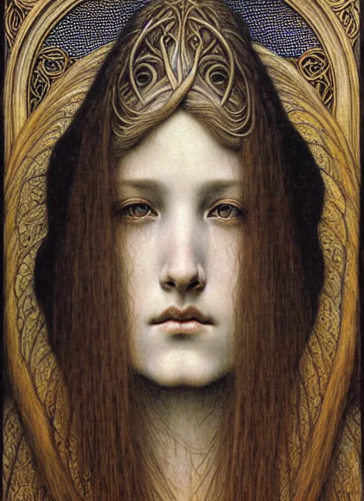 Image similar to detailed realistic beautiful young medieval queen face portrait by jean delville, gustave dore and marco mazzoni, art nouveau, symbolist, visionary, gothic, pre - raphaelite. horizontal symmetry