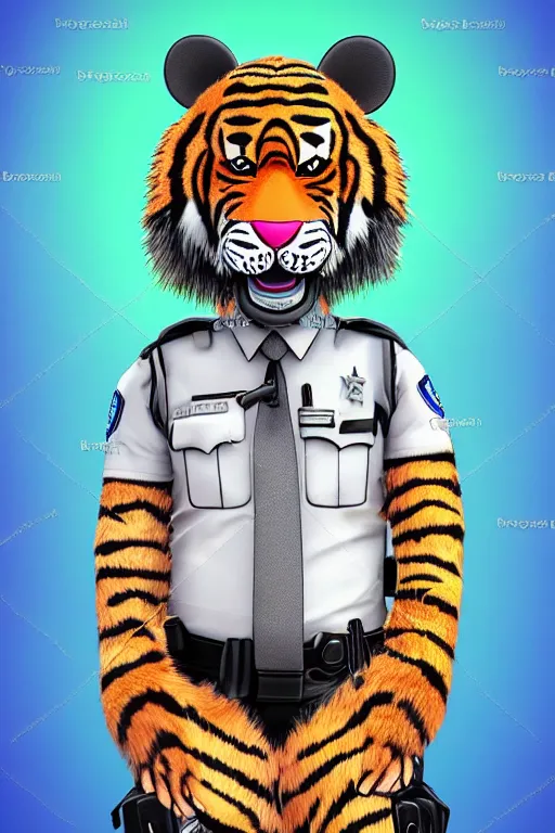 Prompt: Male Anthropomorphic Furry Tiger as Police ,fullbody, Rainbow Background, 8k Photo Realistic