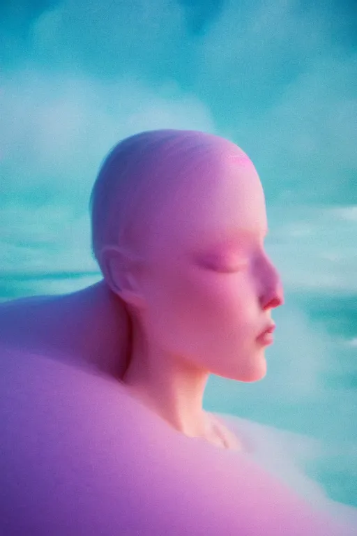 Image similar to high quality pastel coloured film close up wide angle photograph of a model wearing clothing resting on cloud furniture in a icelandic black rock!! environment in a partially haze filled dreamstate world. three point light, rainbow. photographic production. art directed. pastel colours. volumetric clouds. pastel gradient overlay. waves glitch artefacts. extreme facial clarity. 8 k. filmic.