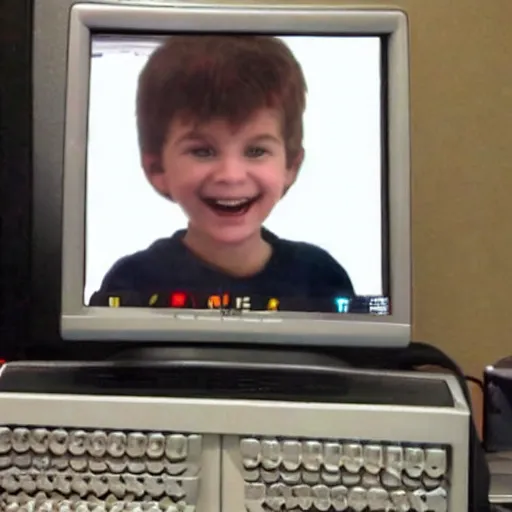 Image similar to 0 0 s kid with creepy smile behind a old computer monitor