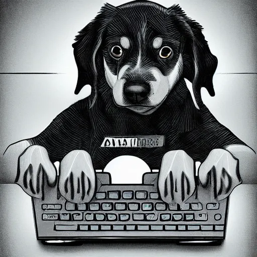 Image similar to a dog building a computer, digital art, illustration