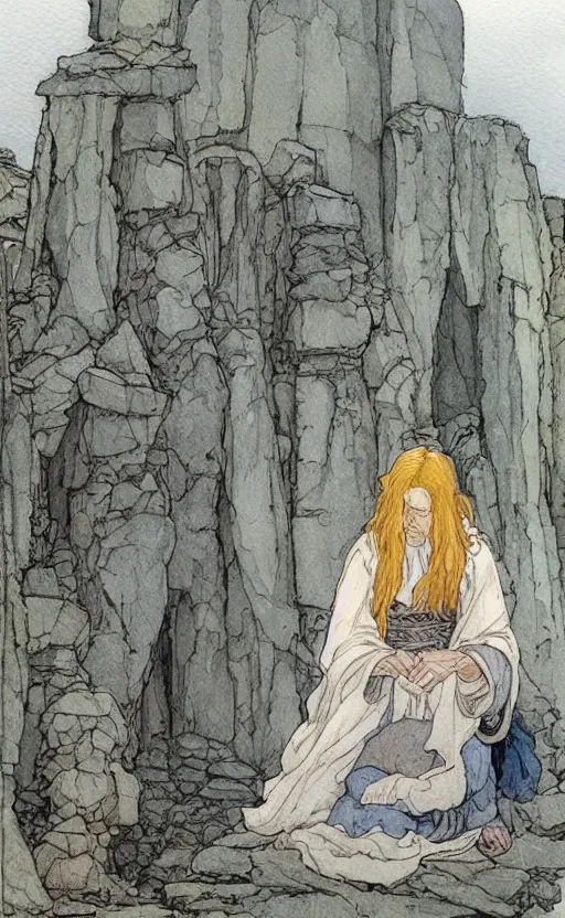 Image similar to a realistic and atmospheric watercolor fantasy concept art of giant monk in grey robes sitting in stonehenge. in the foreground a small female medieval monk in grey robes is kneeling with her hands by her sides. by rebecca guay, michael kaluta, charles vess