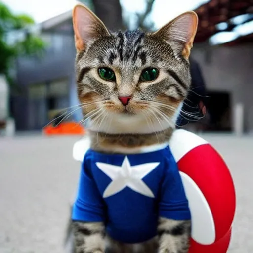 Prompt: a cat wearing captain america's outfit