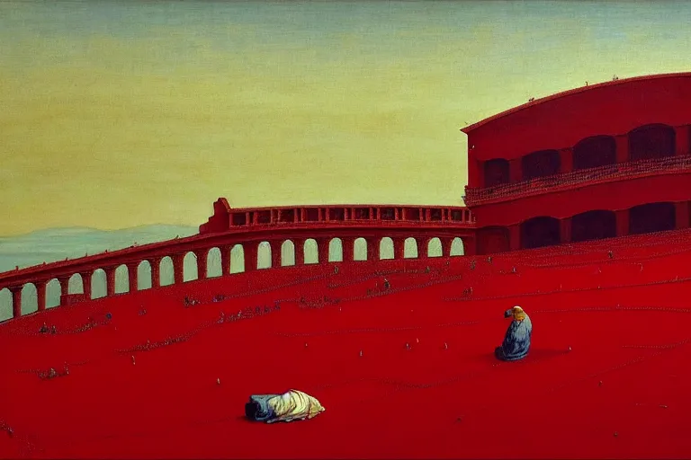 Image similar to only with red, a red great emperor, taormina amphitheatre, crowd with big smile, in the style of beksinski, parts by edward hopper, parts by rodcenko, parts by yue minjun, intricate and epic composition, red by caravaggio, insanely quality, highly detailed, masterpiece, red light, artstation, 4 k