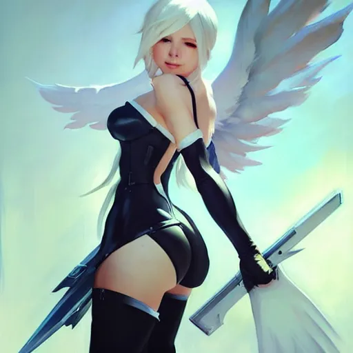 Prompt: greg manchess painting of a 2 yorha type a no. 2 as mercy from overwatch!!, white long hair, large white wings, organic painting, trending on artstation, by huang guangjian and gil elvgren and sachin teng