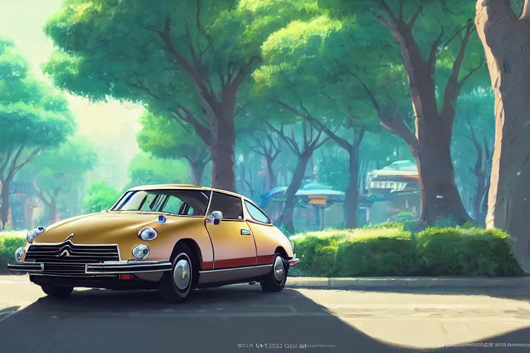 Image similar to a wholesome animation key shot of!! one!! focused! 1 9 7 4 citroen ds! in a tree lined paris street, medium shot, studio ghibli, ( pixar ) and disney animation, sharp, very detailed, high resolution, rendered in unreal engine 5, anime key art by greg rutkowski, bloom, dramatic lighting