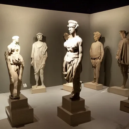 Prompt: a dimly lit museum of statues