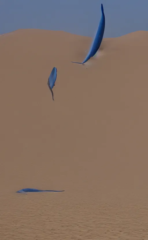 Prompt: blue whales jumping in sand dunes, photography