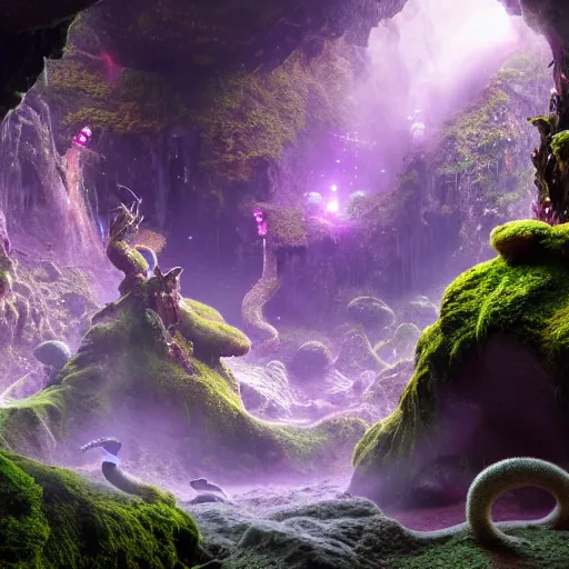 Prompt: mythical gigantic space cavern, ultra realist 3 d render curiosities carnival pond vegetation rocks mushrooms and tentacles covered moss, luminescent wisps, stunning waterfall, accurate features, focus, very intricate ultrafine details, random volumetric lighting, fog, award winning masterpiece, octane render 8 k hd, artstation, boris vallejo