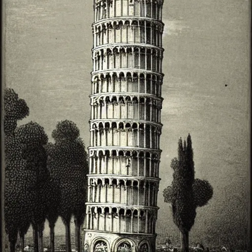 Prompt: leaning tower of pisa. gustave dore