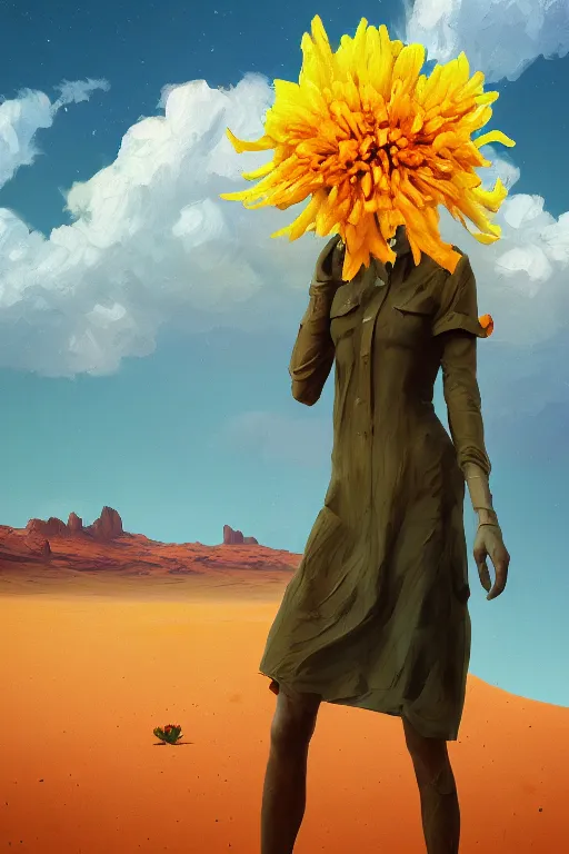 Prompt: closeup, grande flower head, girl in desert, surreal photography, wind and cold, dramatic sky, impressionist painting, digital painting, artstation, simon stalenhag