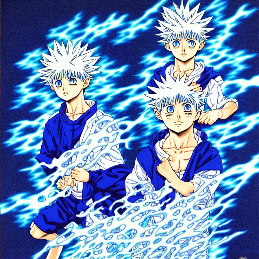 Prompt: killua zoldyck by mœbius, overdetailed art, blue and white colorful, record jacket, thunderstorms,