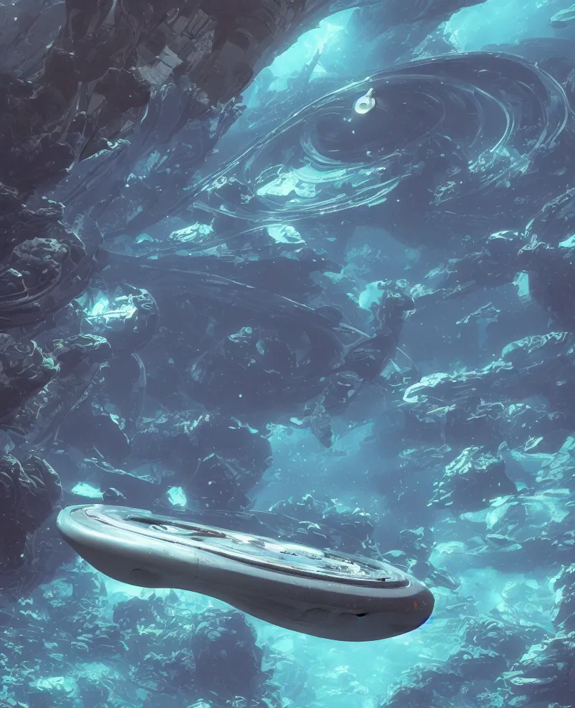 Prompt: white disc - shaped spacecraft submarine, fusion of subnautica and star trek, flying through a spectacular exotic underwater coral canyon, kelp forest, schools of fish, in the style of john eaves ron walotsky ralph mcquarrie, soft natural volumetric lighting, realistic 4 k unreal engine 5 beautifully detailed render, 4 k post processing, trending on artstation