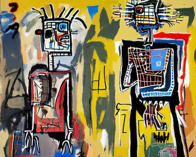 Image similar to painting of a cyborg questioning his reality by graham sutherland, basquiat, neo - expressionism