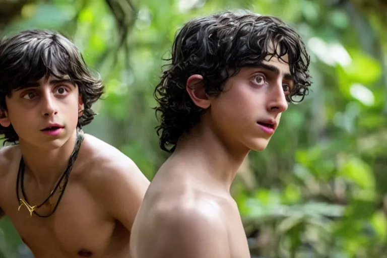 Image similar to timothee chalamet plays mowgli in the live action adaptation of the jungle book, red weapon 8 k s 3 5, cooke anamorphic / i lenses, highly detailed, cinematic lighting